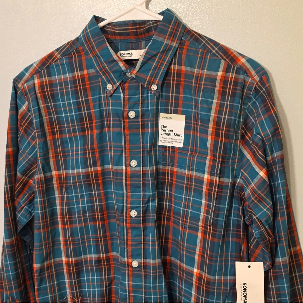 Sonoma Goods For Life Men's Plaid LS Button-Up Pockets S Blue/Orange #188